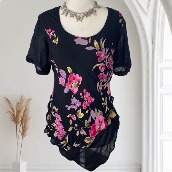 Whimsygoth Fairy Grunge Asymmetric Flowy Mesh Floral Embroidered Mesh Top L - Picture 1 of 7